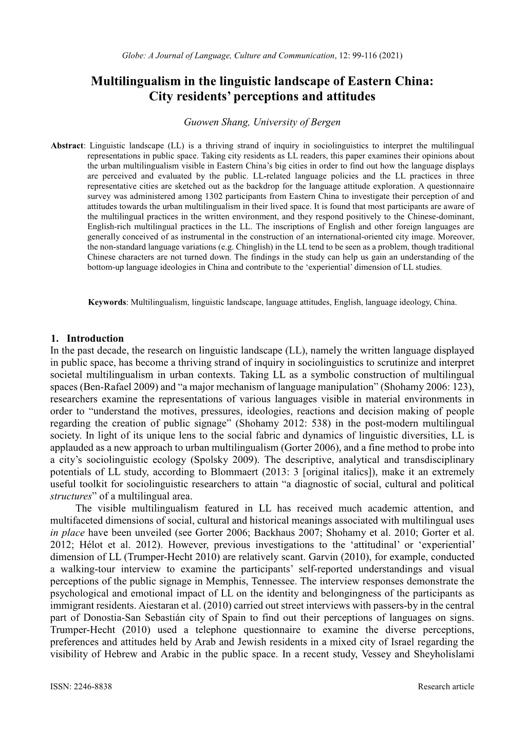 Multilingualism in the Linguistic Landscape of Eastern China: City Residents’ Perceptions and Attitudes