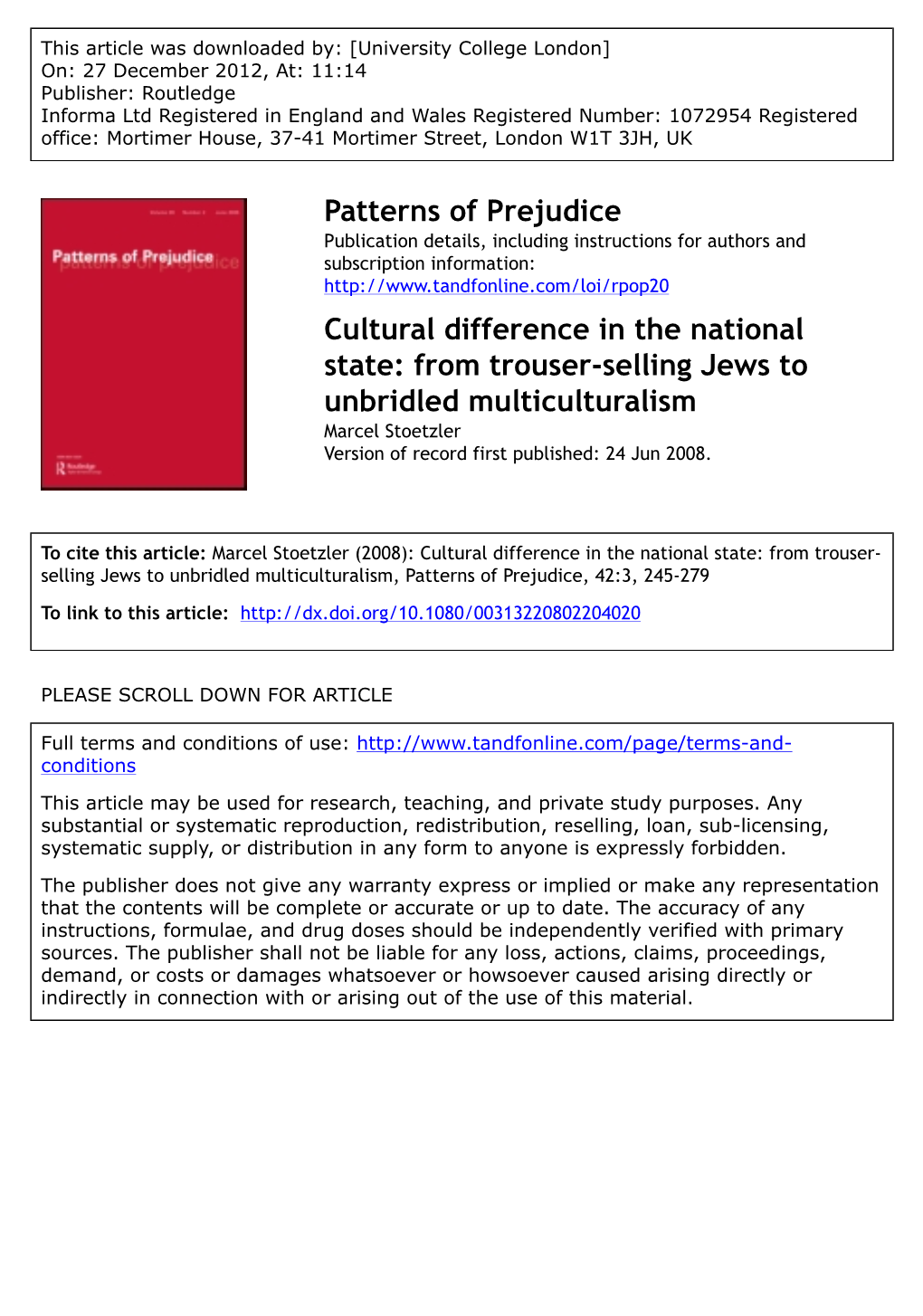 From Trouser-Selling Jews to Unbridled Multiculturalism Marcel Stoetzler Version of Record First Published: 24 Jun 2008