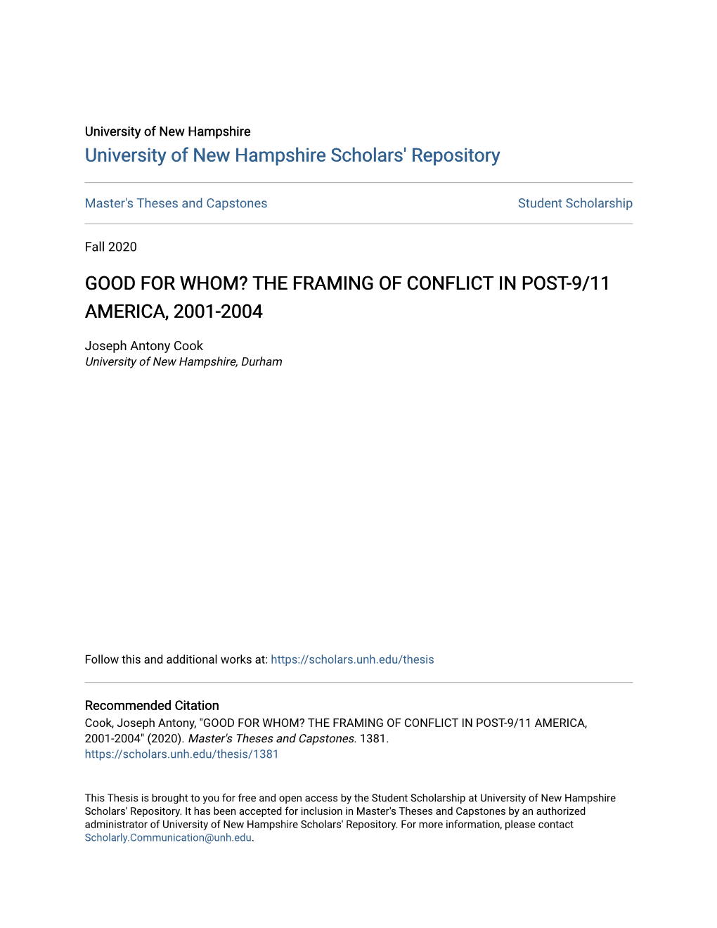 The Framing of Conflict in Post-9/11 America, 2001-2004