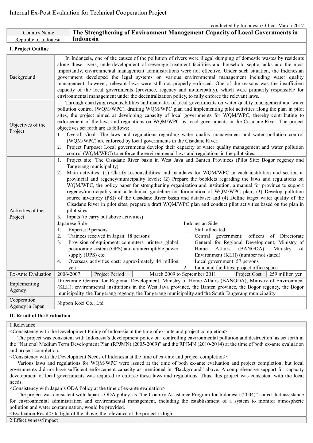 Internal Ex-Post Evaluation for Technical Cooperation Project The