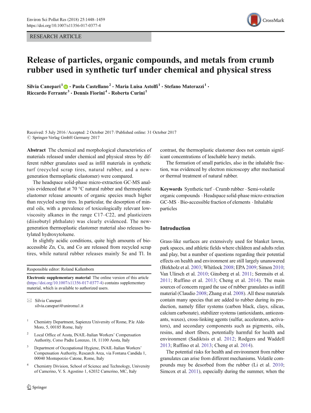 Release of Particles, Organic Compounds, and Metals from Crumb Rubber Used in Synthetic Turf Under Chemical and Physical Stress