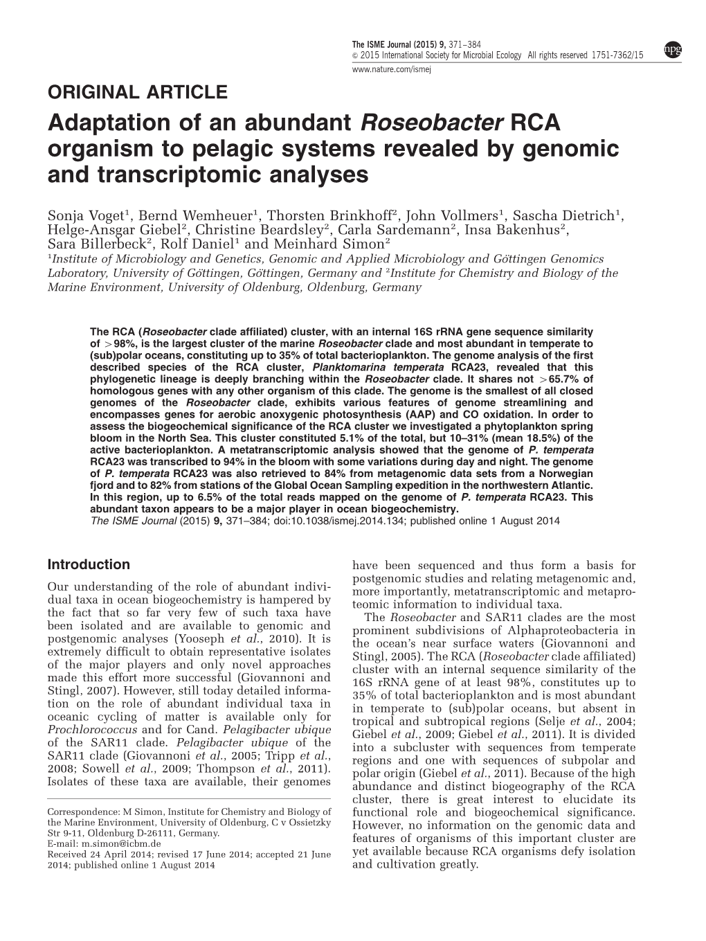Adaptation of an Abundant Roseobacter RCA Organism to Pelagic Systems Revealed by Genomic and Transcriptomic Analyses