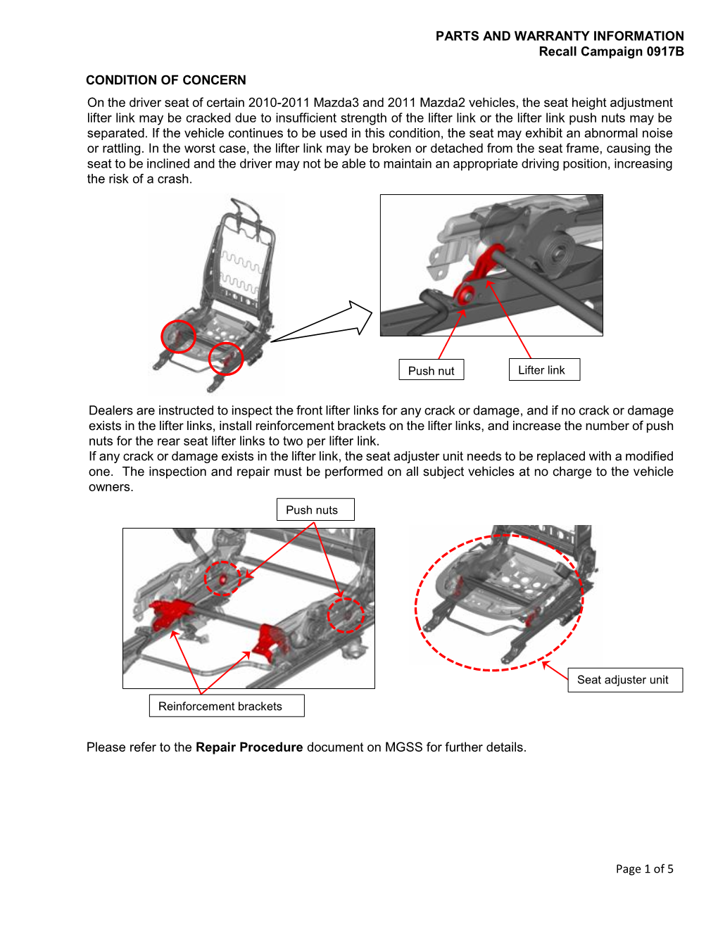 PARTS and WARRANTY INFORMATION Recall Campaign 0917B