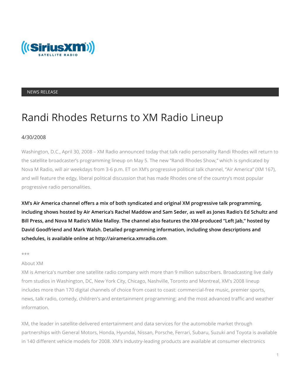 Randi Rhodes Returns to XM Radio Lineup