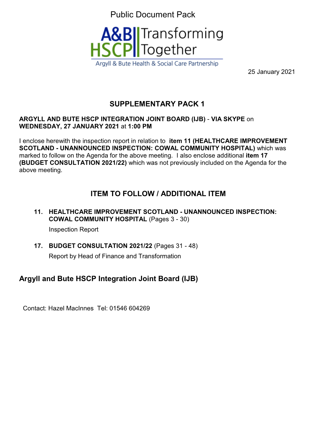 27 January 2021 Agenda Supplement for Argyll