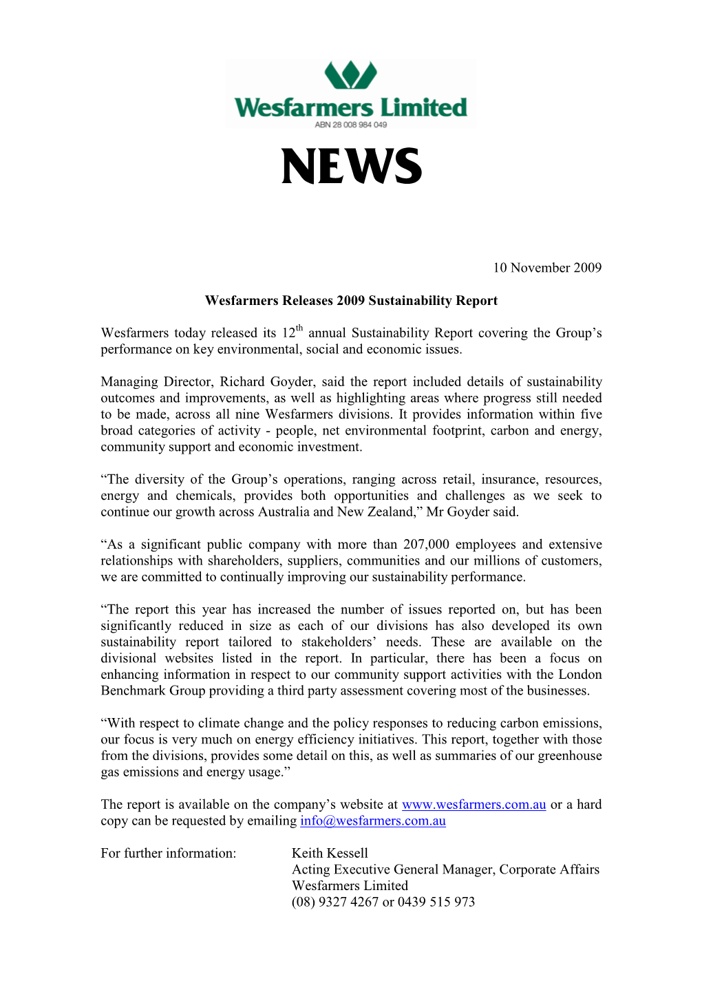 10 November 2009 Wesfarmers Releases 2009 Sustainability