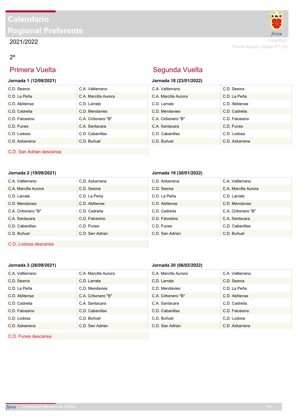 Regional Preferente Calendario