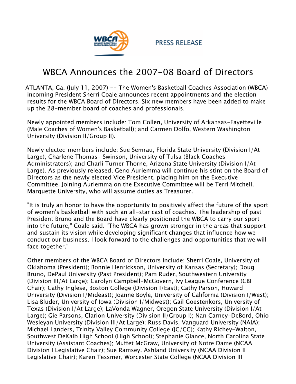 WBCA Announces the 2007-08 Board of Directors 2007-08 071107