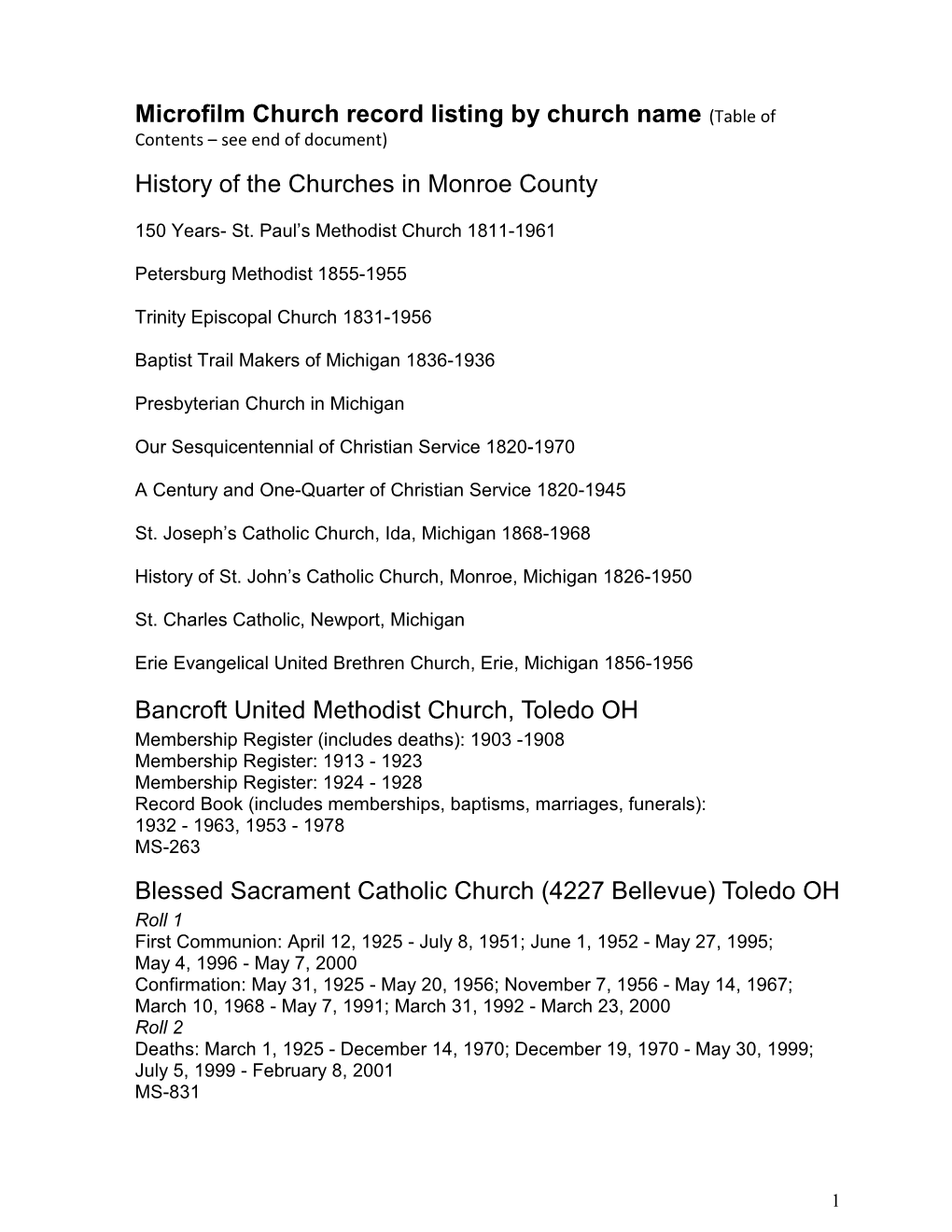 Microfilm Church Records Bedford Collection