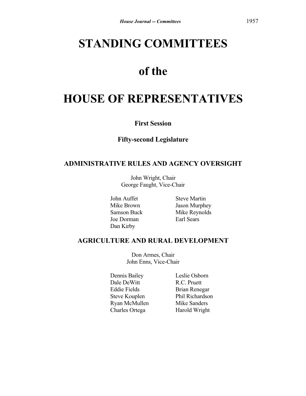 STANDING COMMITTEES of the HOUSE of REPRESENTATIVES