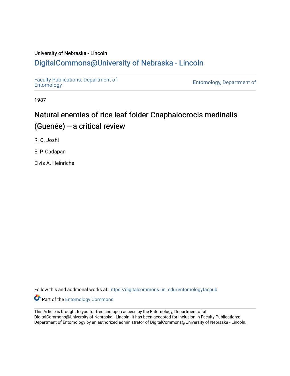 Natural Enemies of Rice Leaf Folder Cnaphalocrocis Medinalis (Guenée) —A Critical Review