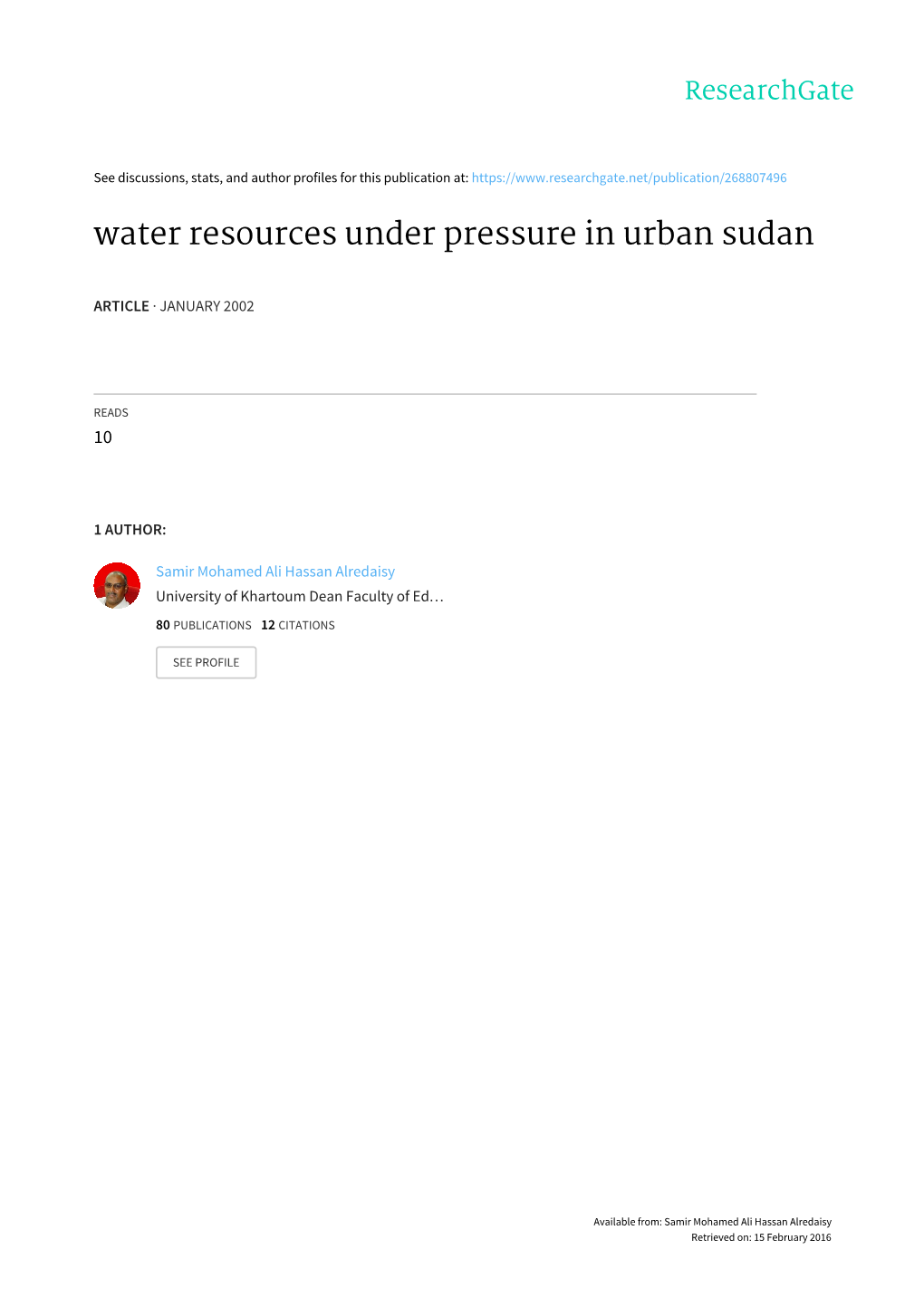 Water Resources Under Pressure in Urban Sudan