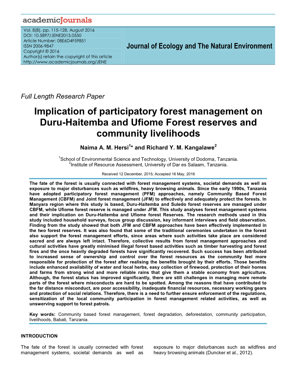 Implication of Participatory Forest Management on Duru-Haitemba and Ufiome Forest Reserves and Community Livelihoods