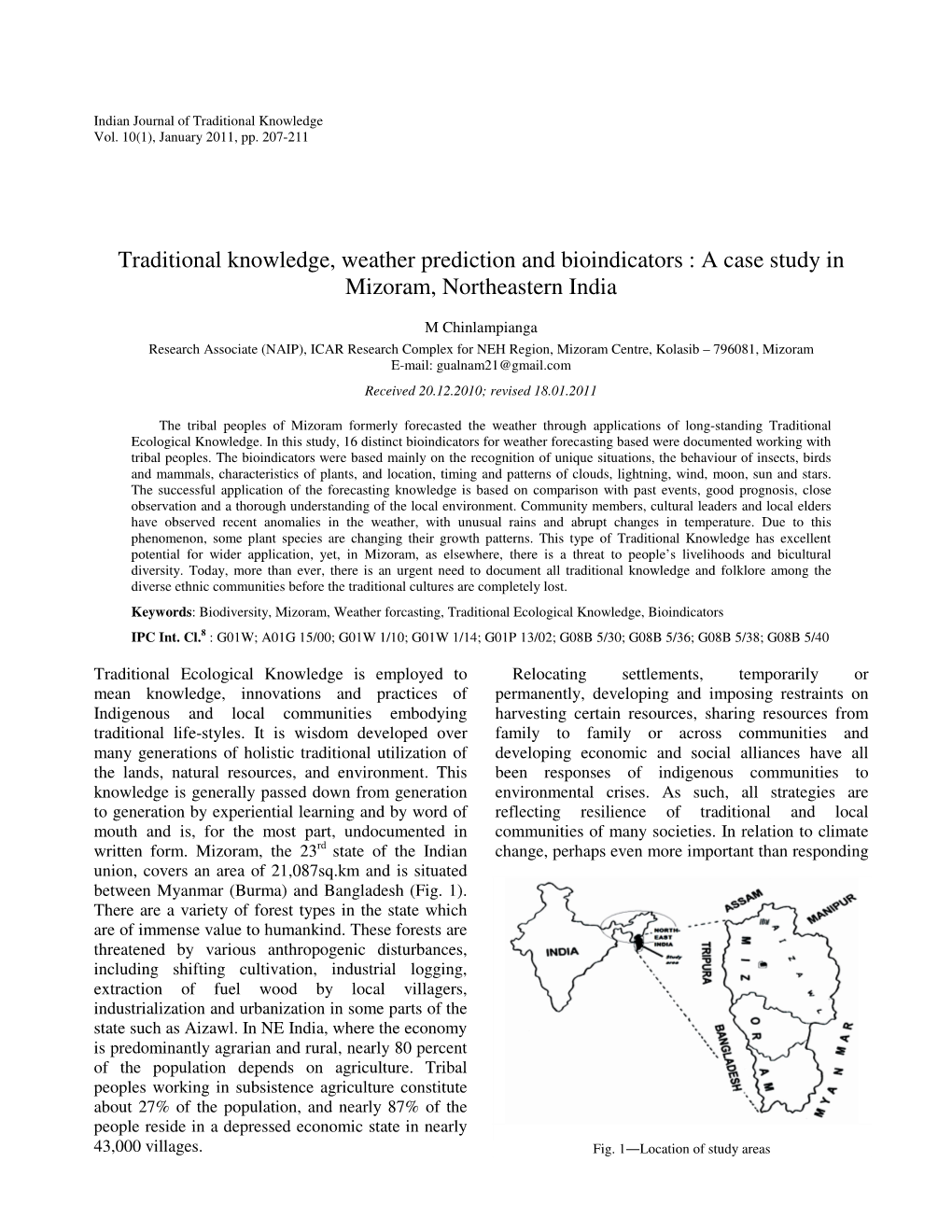 Traditional Knowledge, Weather Prediction and Bioindicators : a Case Study in Mizoram, Northeastern India