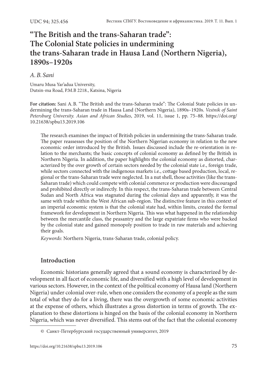 “The British and the Trans-Saharan Trade”: the Colonial State Policies in Undermining the Trans-Saharan Trade in Hausa Land (Northern Nigeria), 1890S–1920S A