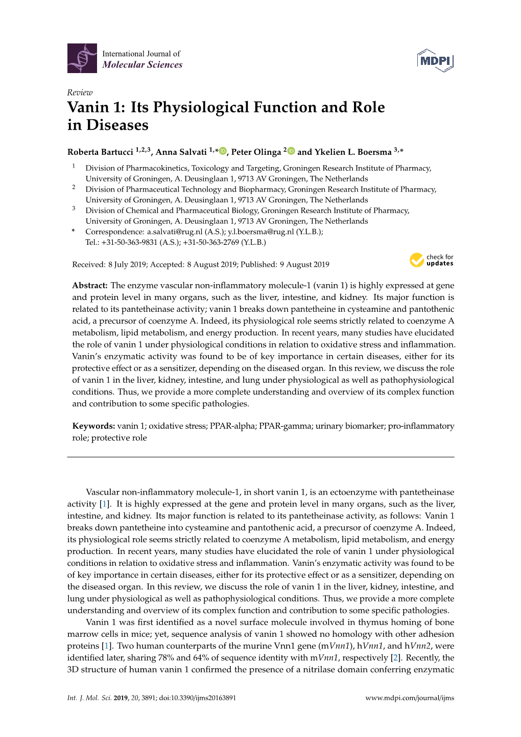 Vanin 1: Its Physiological Function and Role in Diseases