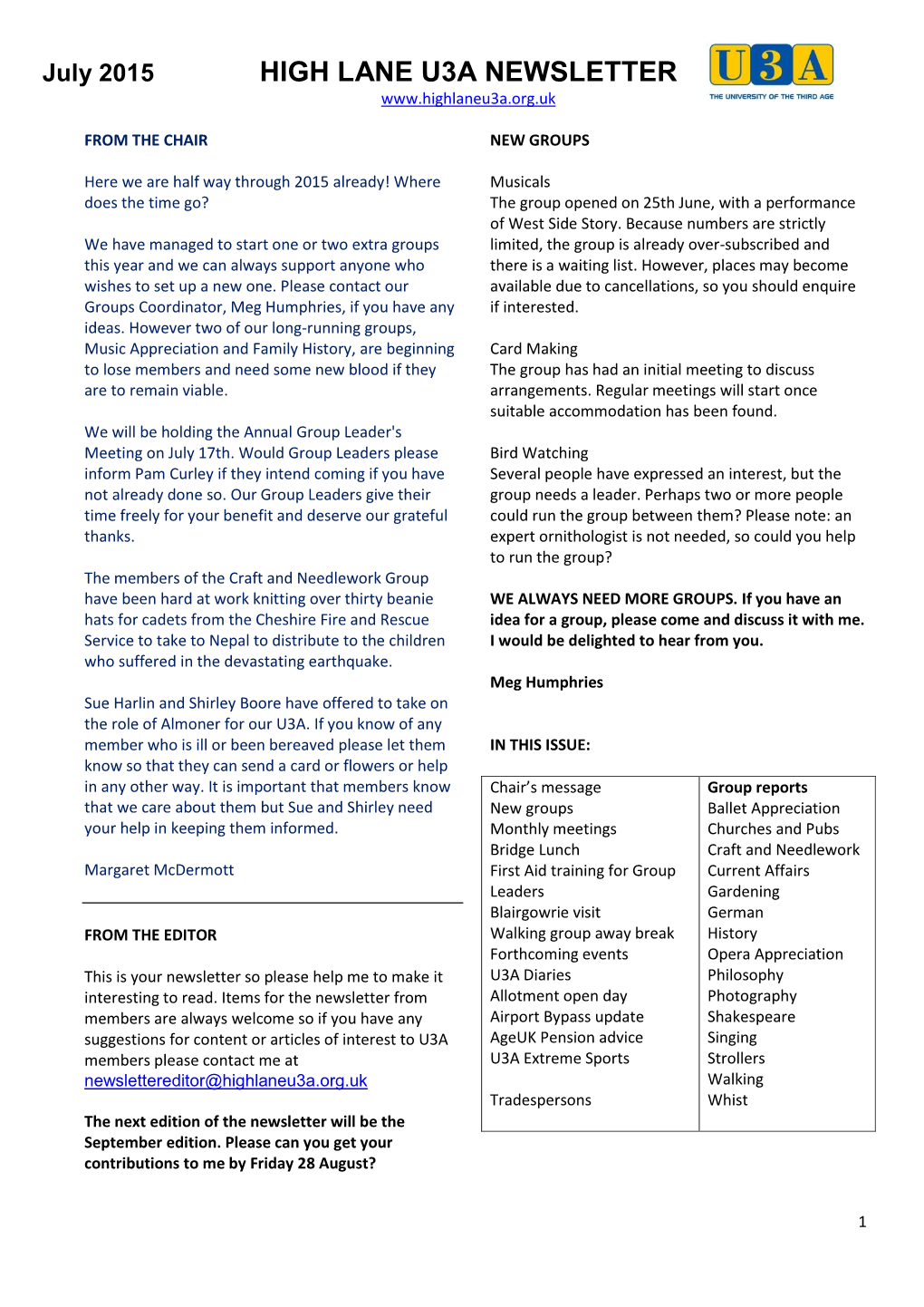 High Lane U3a Newsletter