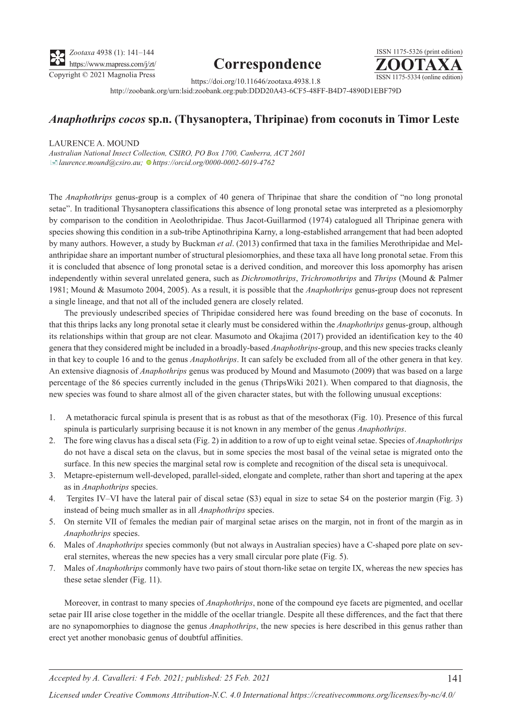 Anaphothrips Cocos Sp.N. (Thysanoptera, Thripinae) from Coconuts in Timor Leste