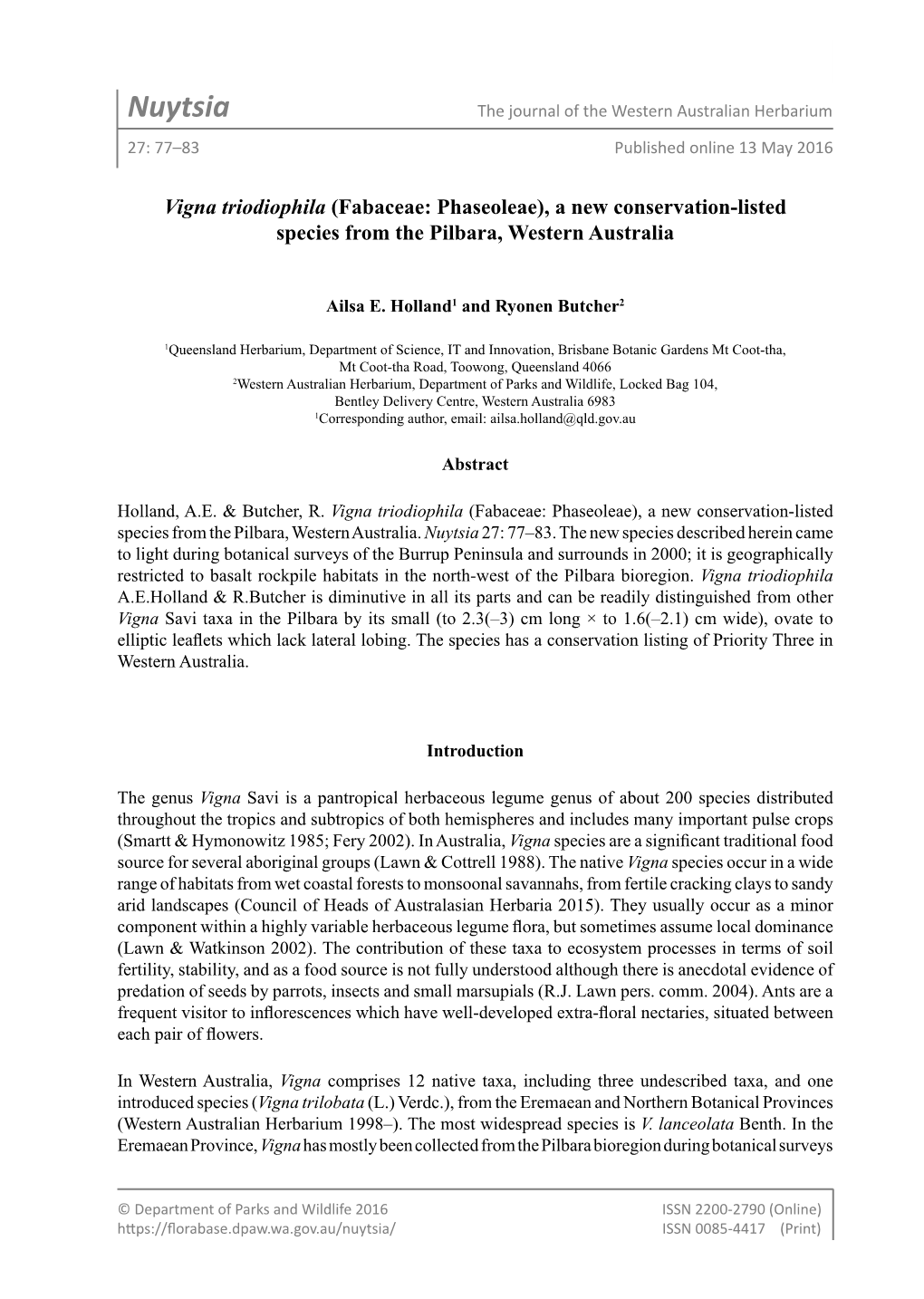 Nuytsia the Journal of the Western Australian Herbarium 27: 77–83 Published Online 13 May 2016