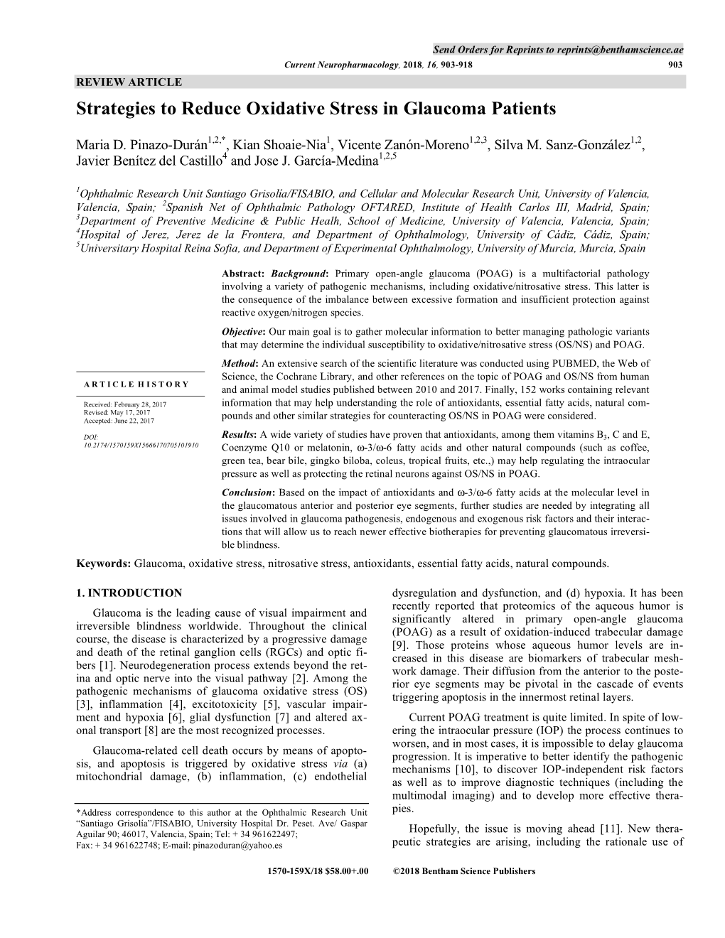 Strategies to Reduce Oxidative Stress in Glaucoma Patients