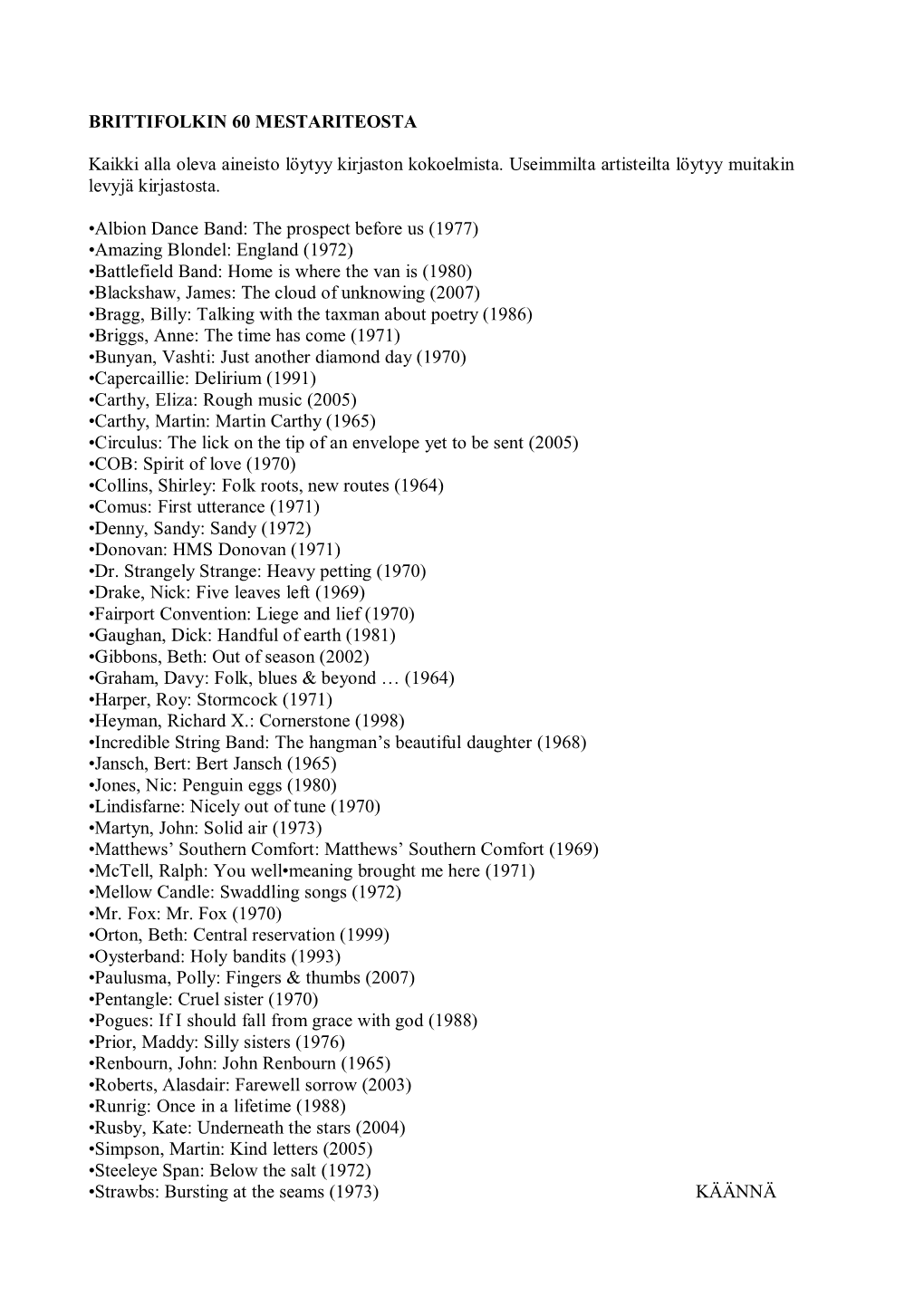 BRITTIFOLKIN 60 MESTARITEOSTA Kaikki Alla Oleva Aineisto Löytyy Kirjaston Kokoelmista. Useimmilta Artisteilta Löytyy Muitakin