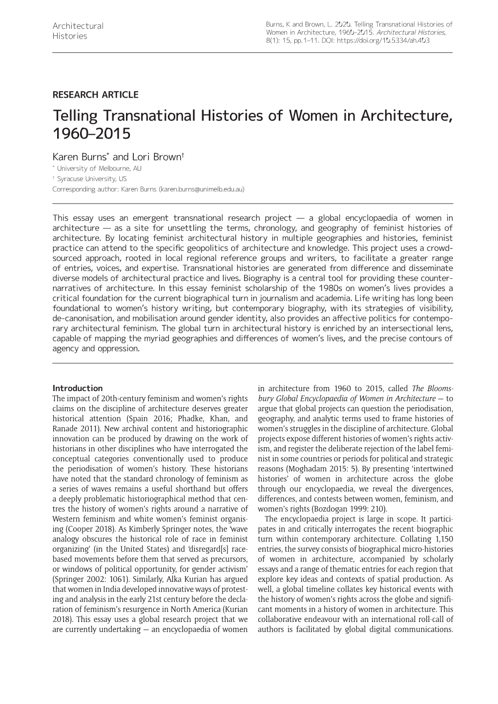 Telling Transnational Histories of Women in Architecture, 1960–2015