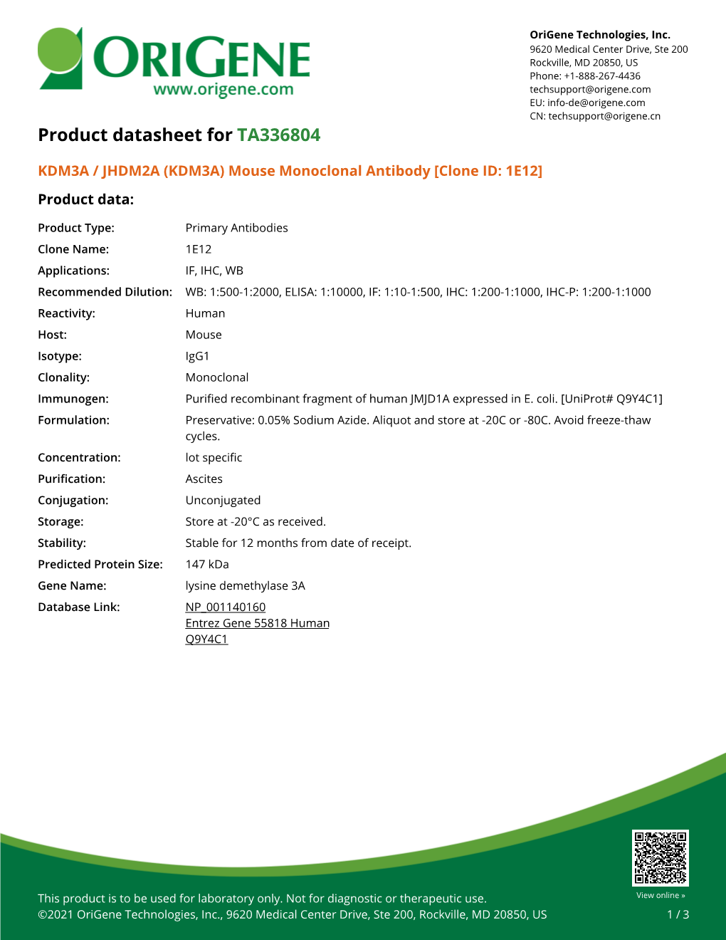 KDM3A / JHDM2A (KDM3A) Mouse Monoclonal Antibody [Clone ID: 1E12] Product Data