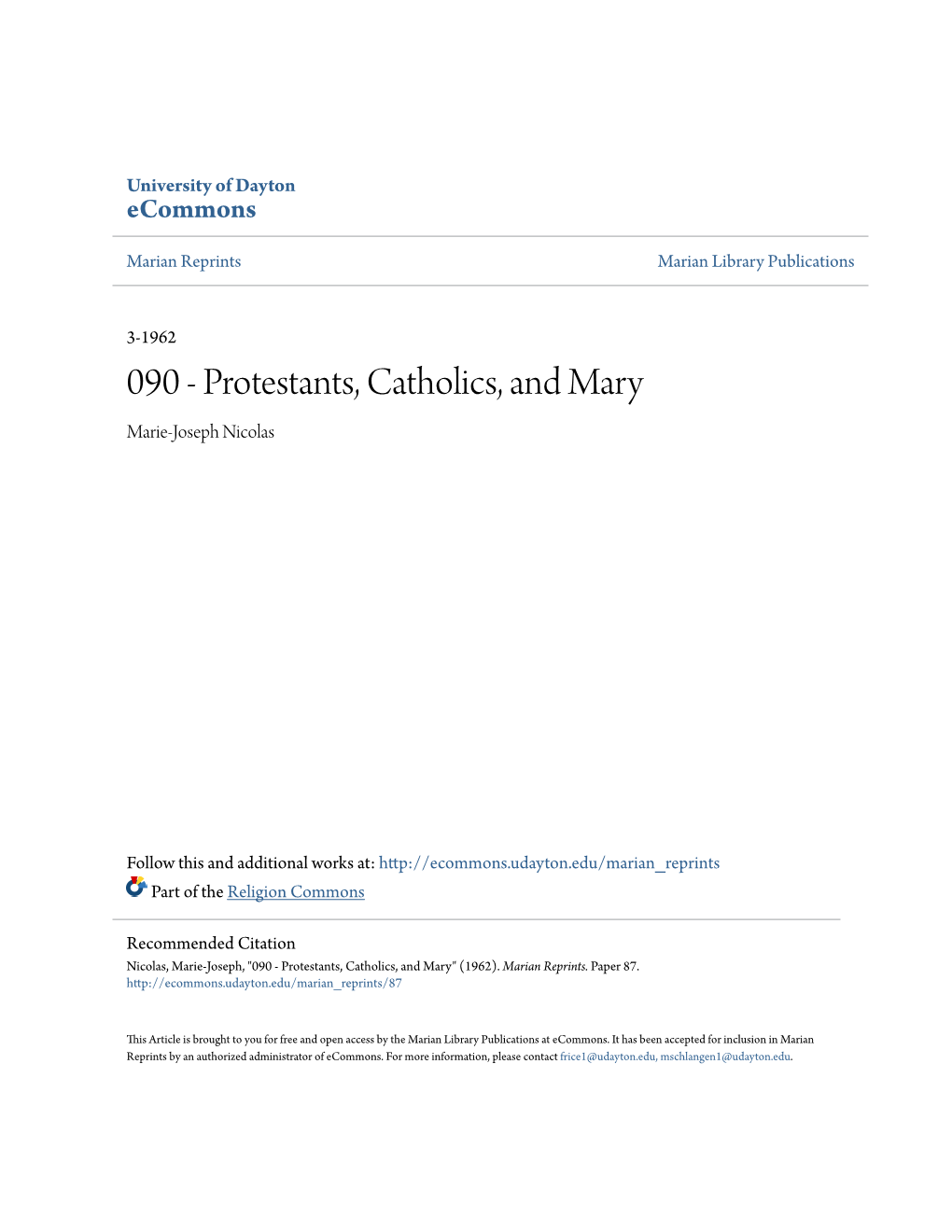 Protestants, Catholics, and Mary Marie-Joseph Nicolas