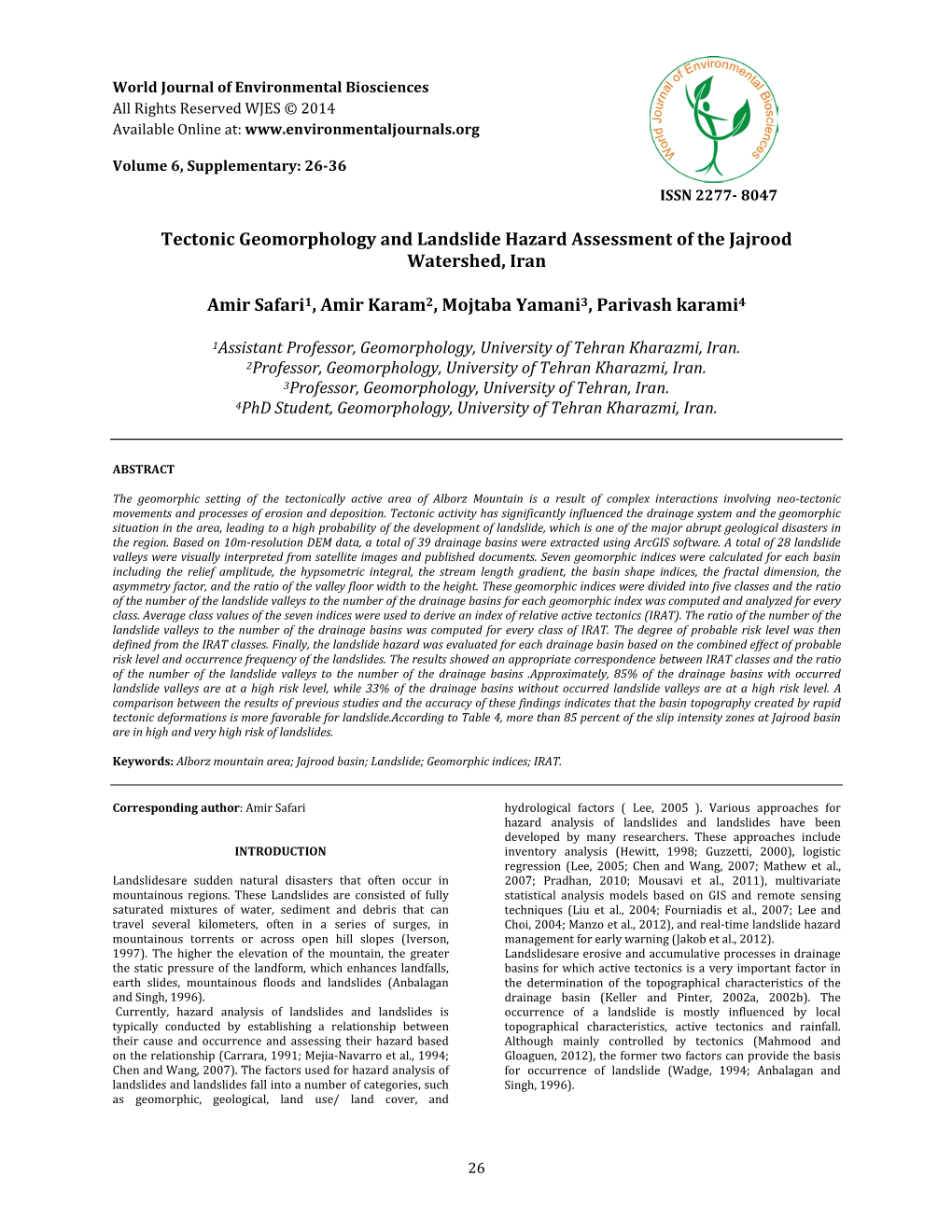 Tectonic Geomorphology and Landslide Hazard Assessment of the Jajrood Watershed, Iran