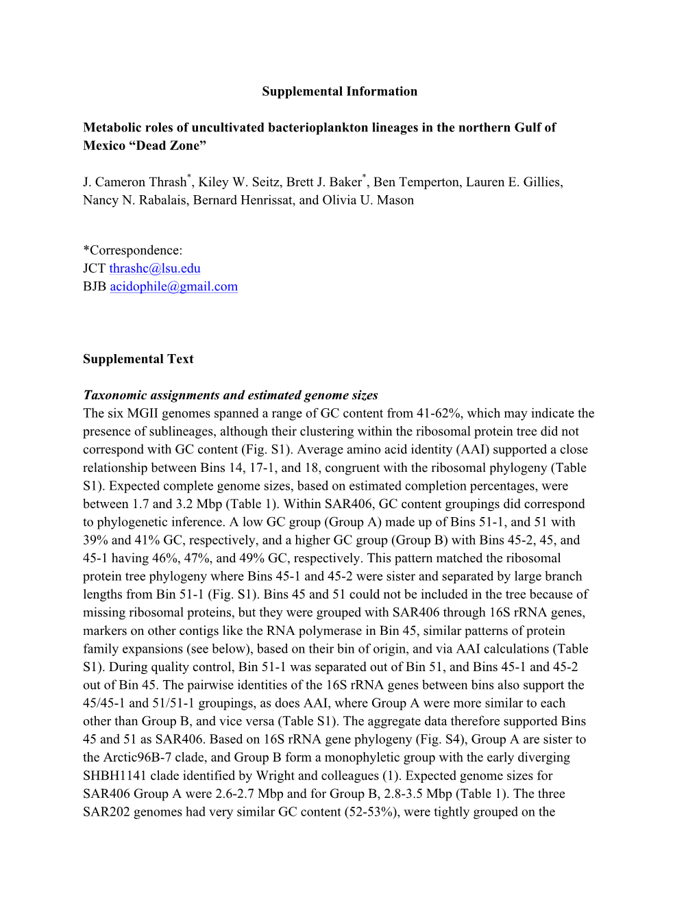 Supplemental Information Metabolic Roles of Uncultivated