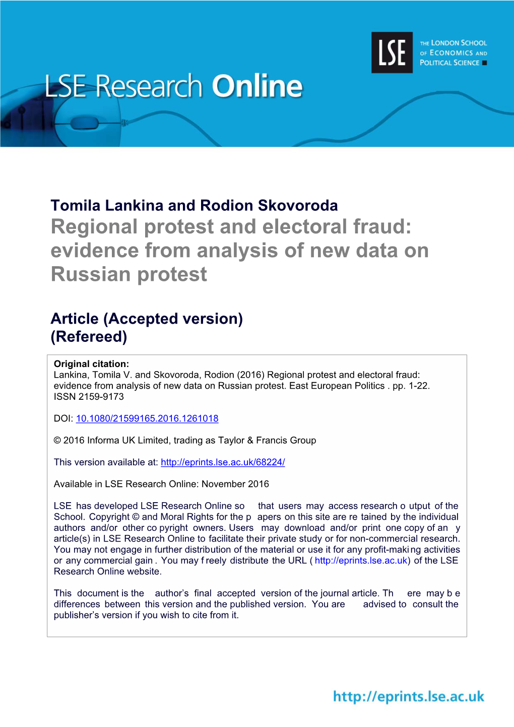 Regional Protest and Electoral Fraud: Evidence from Analysis of New Data on Russian Protest