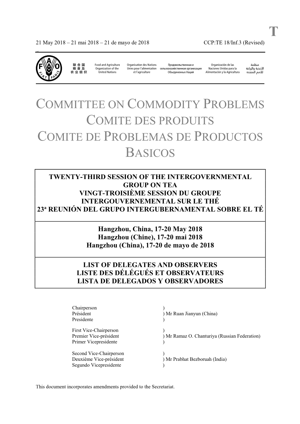 Committee on Commodity Problems Comite Des Produits Comite De Problemas De Productos Basicos