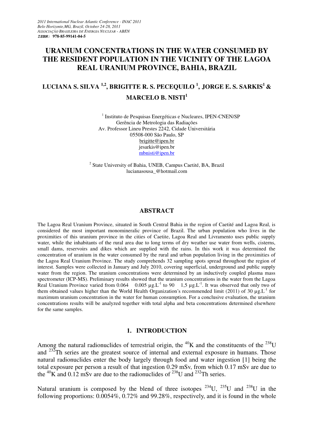 Uranium Concentrations in the Water Consumed by the Resident Population in the Vicinity of the Lagoa Real Uranium Province, Bahia, Brazil