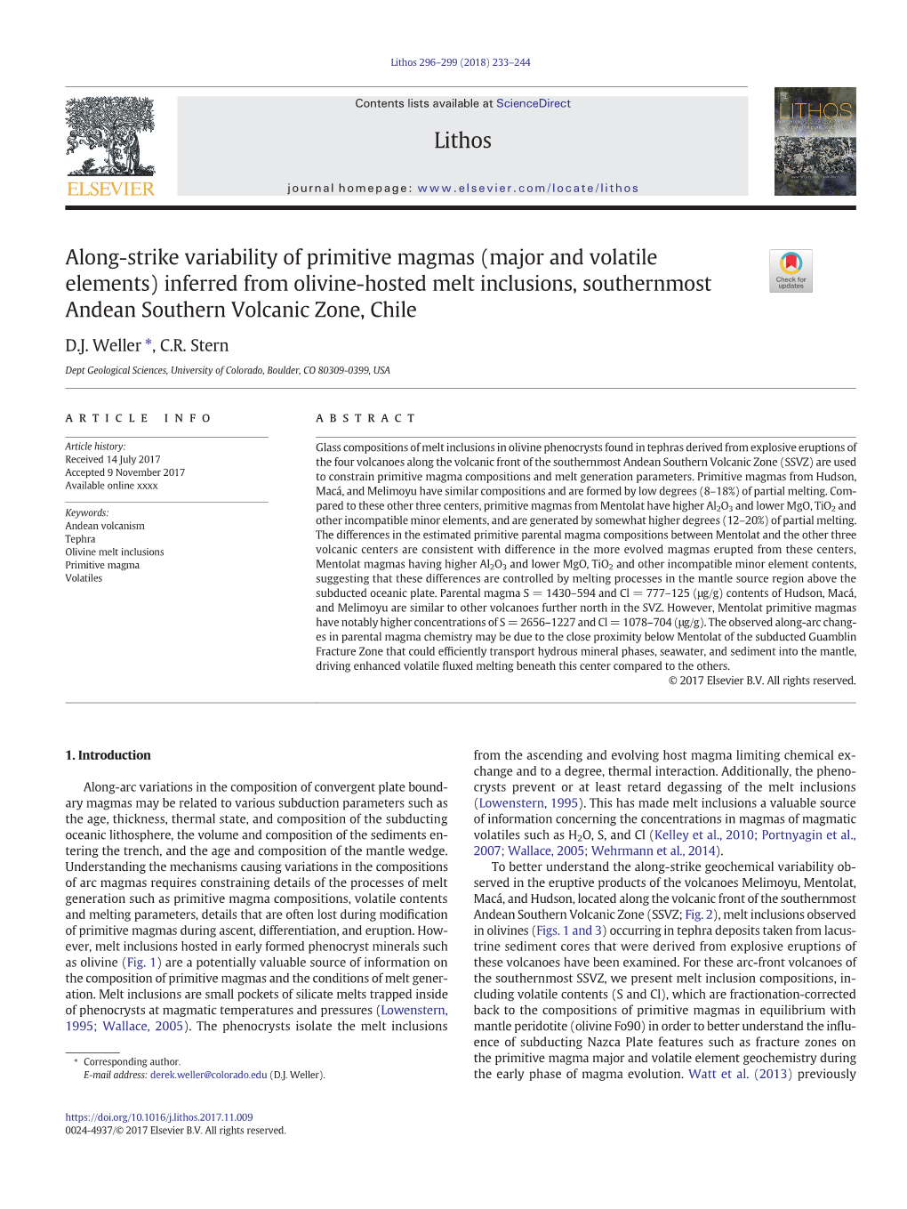 Inferred from Olivine-Hosted Melt Inclusions, Southernmost Andean Southern Volcanic Zone, Chile