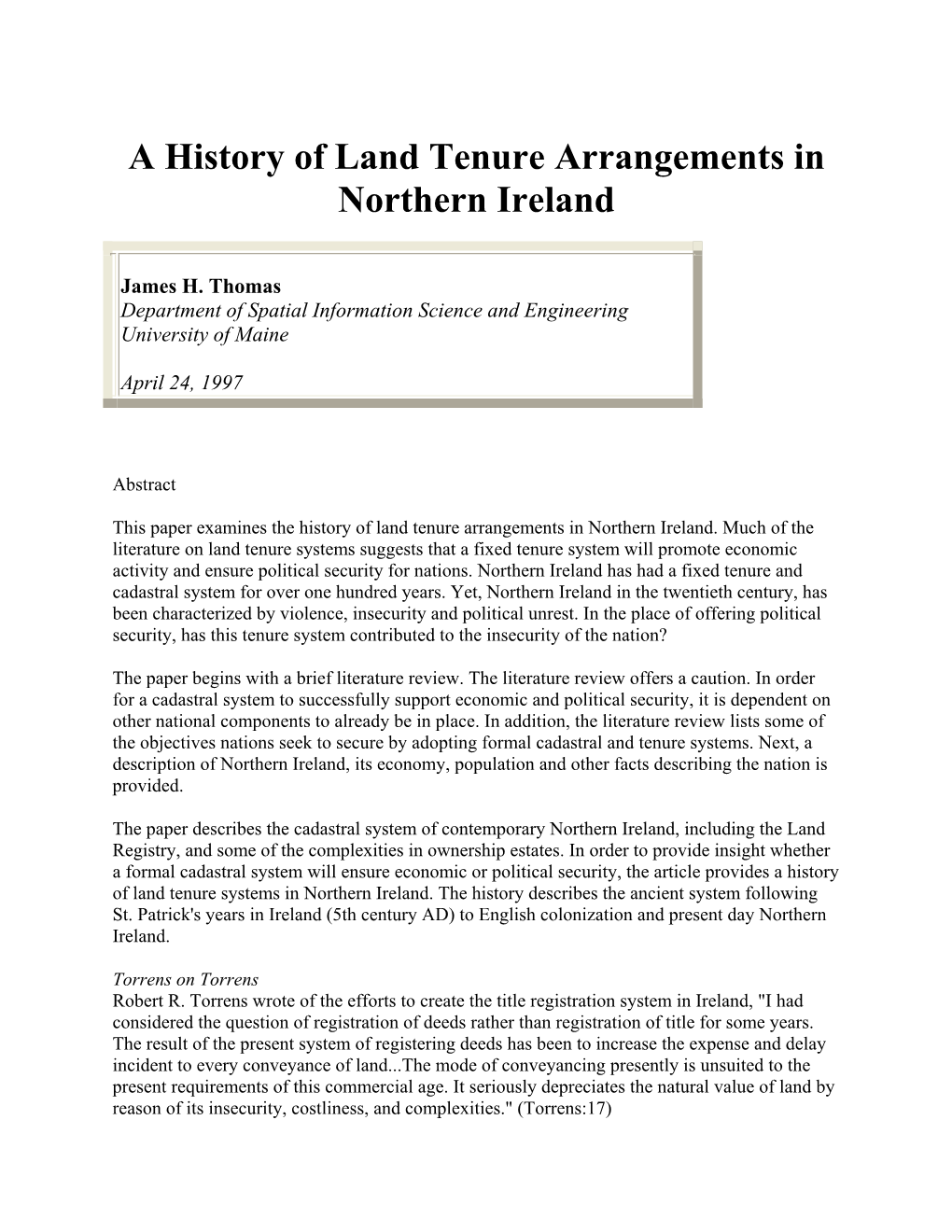 A History of Land Tenure Arrangements in Northern Ireland