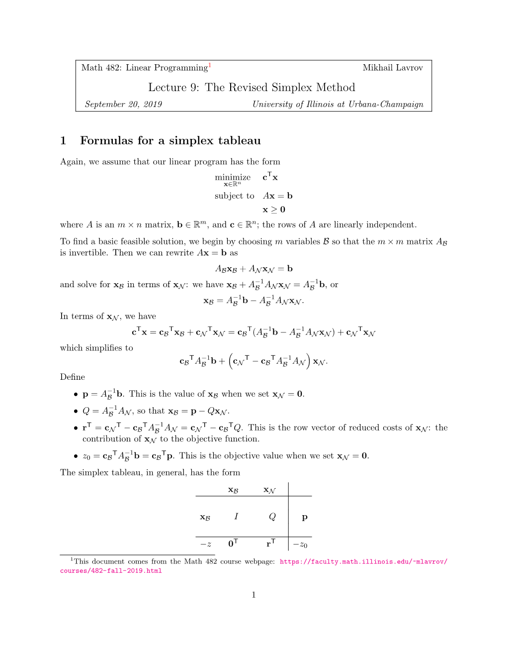 The Revised Simplex Method 1 Formulas For A Simplex Tableau - DocsLib