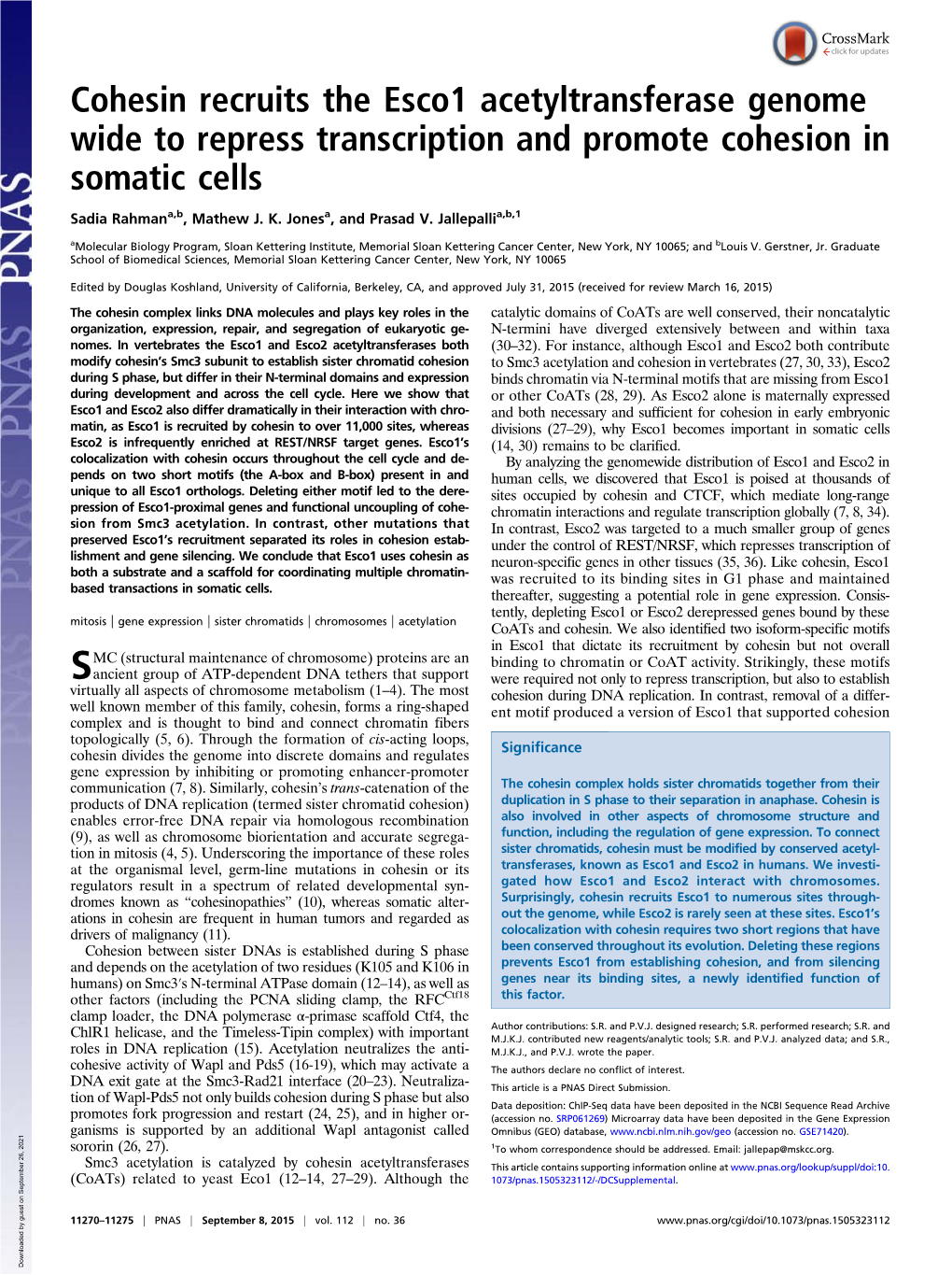 Cohesin Recruits the Esco1 Acetyltransferase Genome Wide to Repress Transcription and Promote Cohesion in Somatic Cells