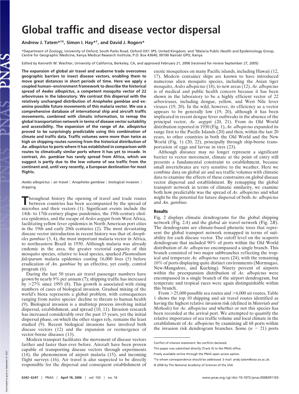 Global Traffic and Disease Vector Dispersal