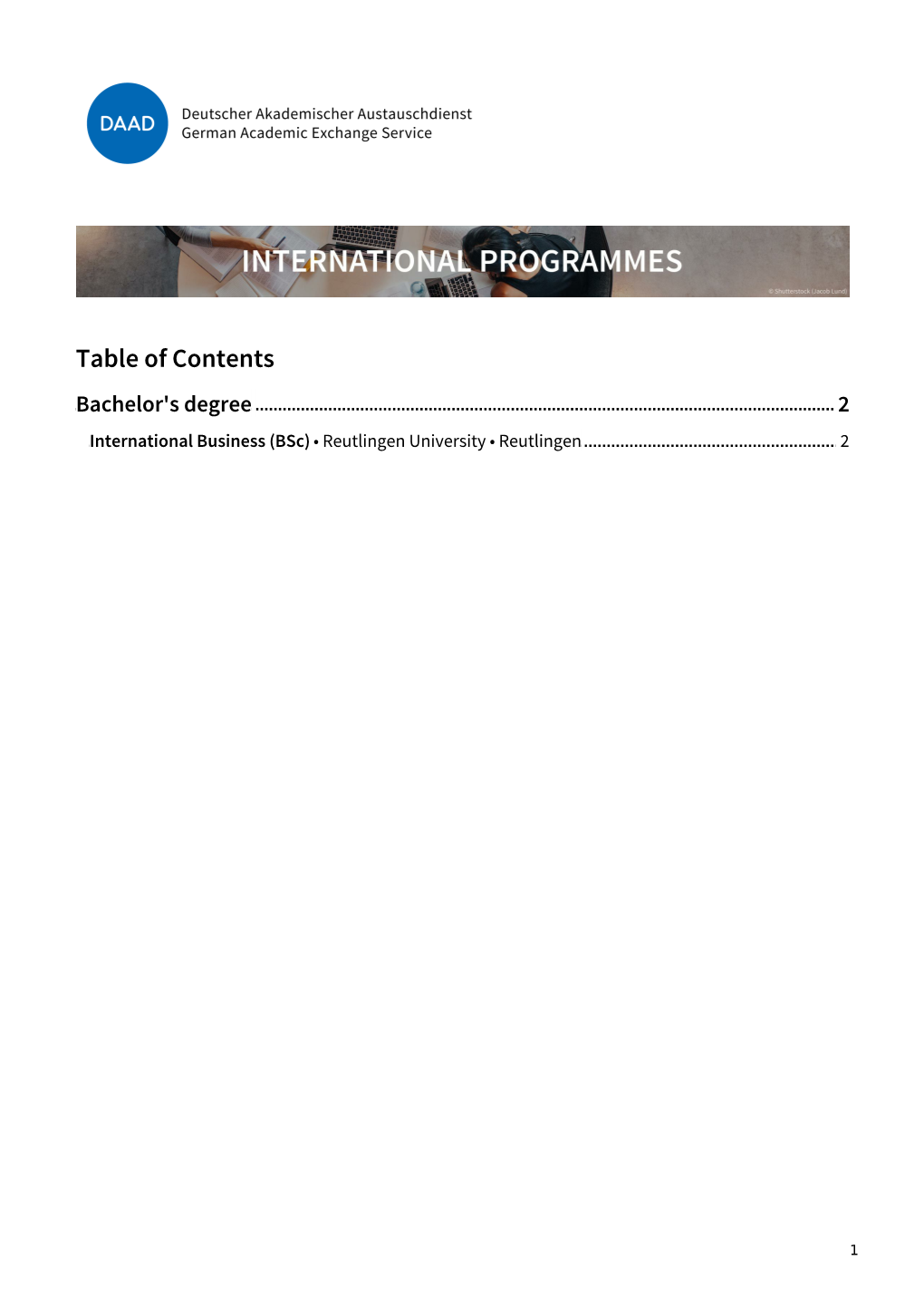 Table of Contents Bachelor's Degree 2 International Business (Bsc) • Reutlingen University • Reutlingen 2