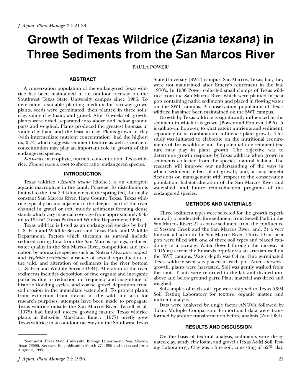 Zizania Texana) in Three Sediments from the San Marcos River PAULA POWER1