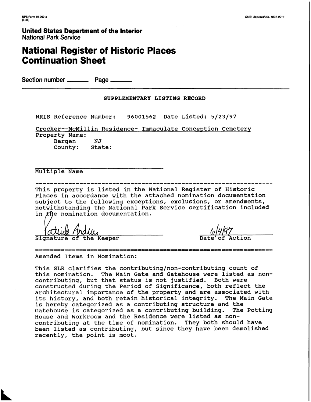 National Register of Historic Places Continuation Sheet