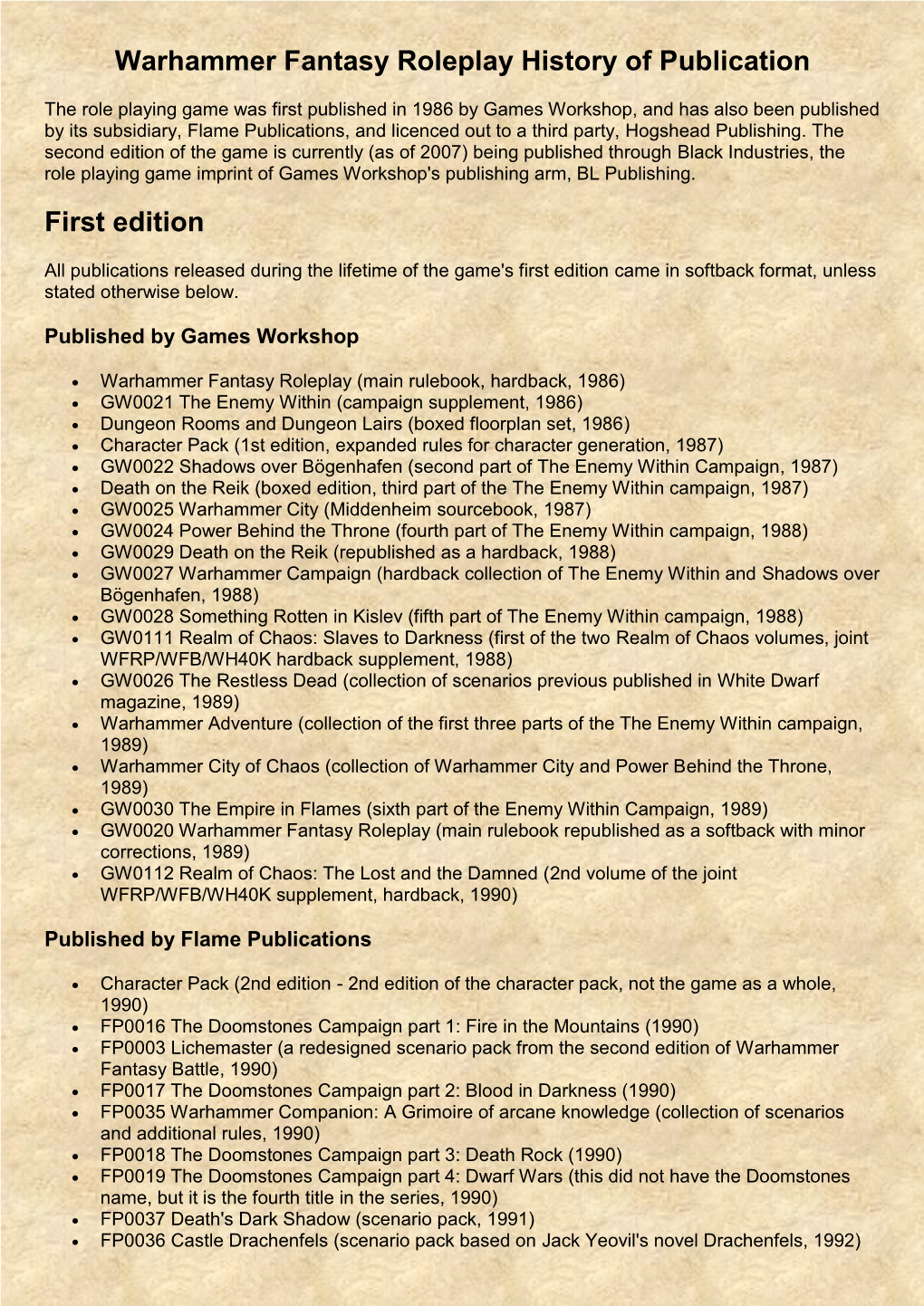 Warhammer Fantasy Roleplay History of Publication