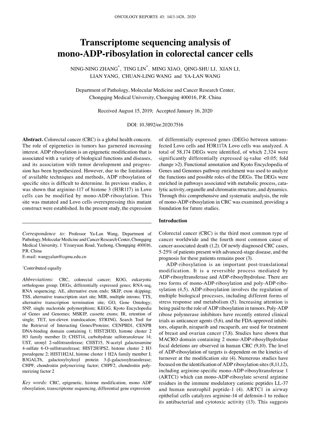 Transcriptome Sequencing Analysis of Mono‑ADP‑Ribosylation in Colorectal Cancer Cells