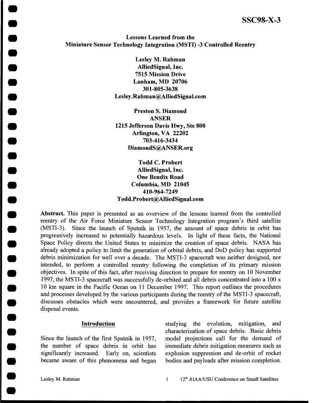 MSTI) -3 Controlled Reentry • Lesley M