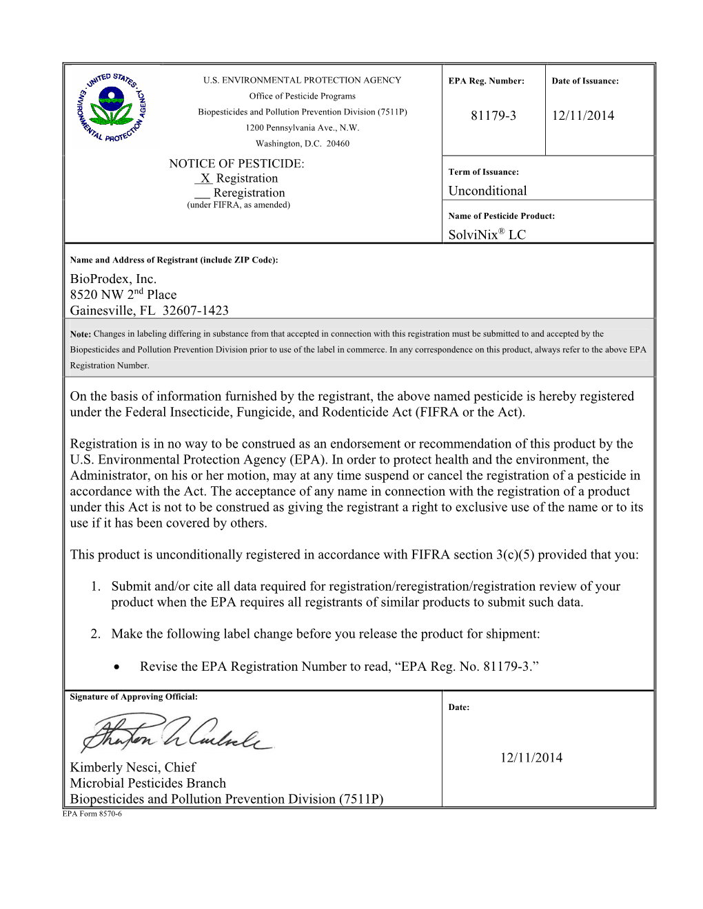 US EPA, Pesticide Product Label, SOLVINIX LC,12/11/2014