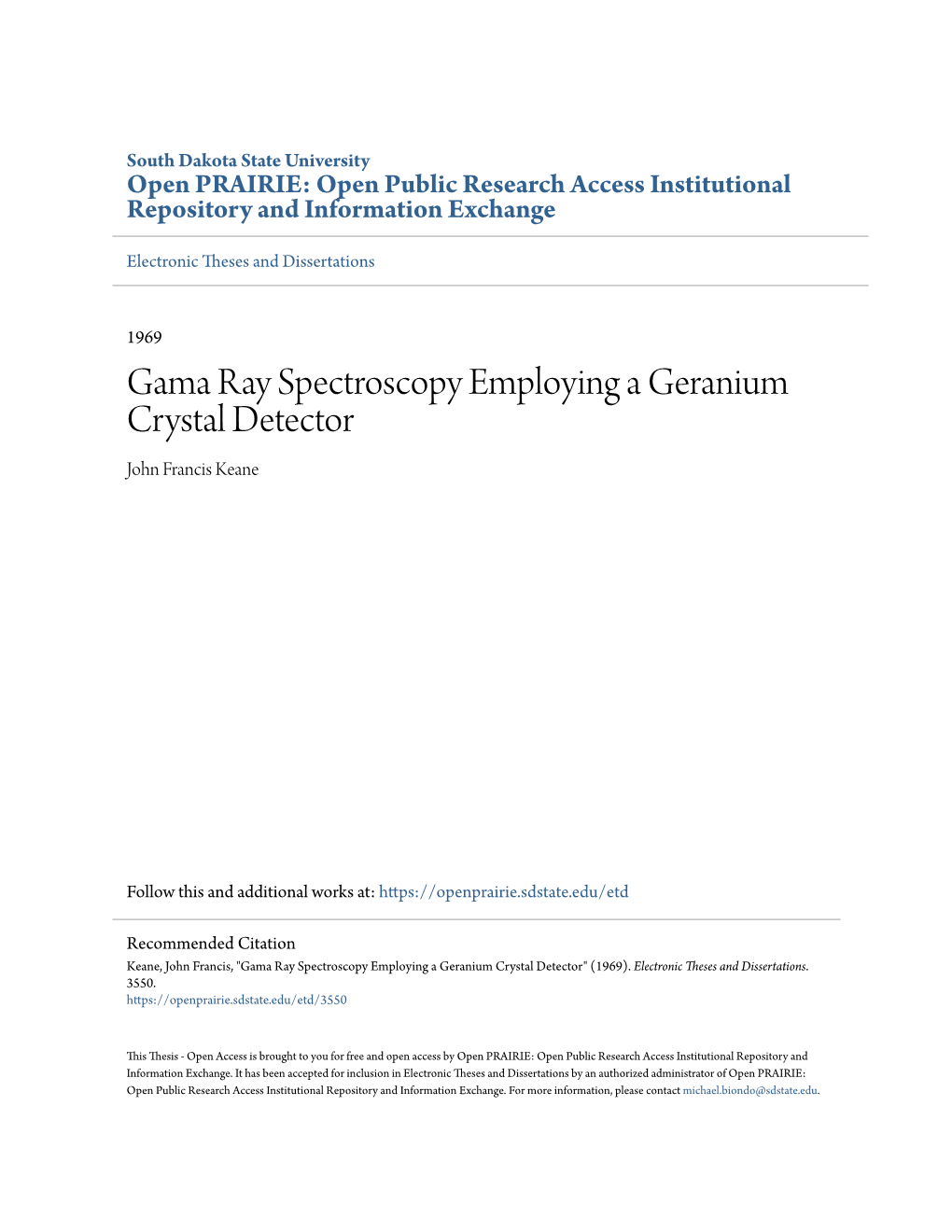 Gama Ray Spectroscopy Employing a Geranium Crystal Detector John Francis Keane