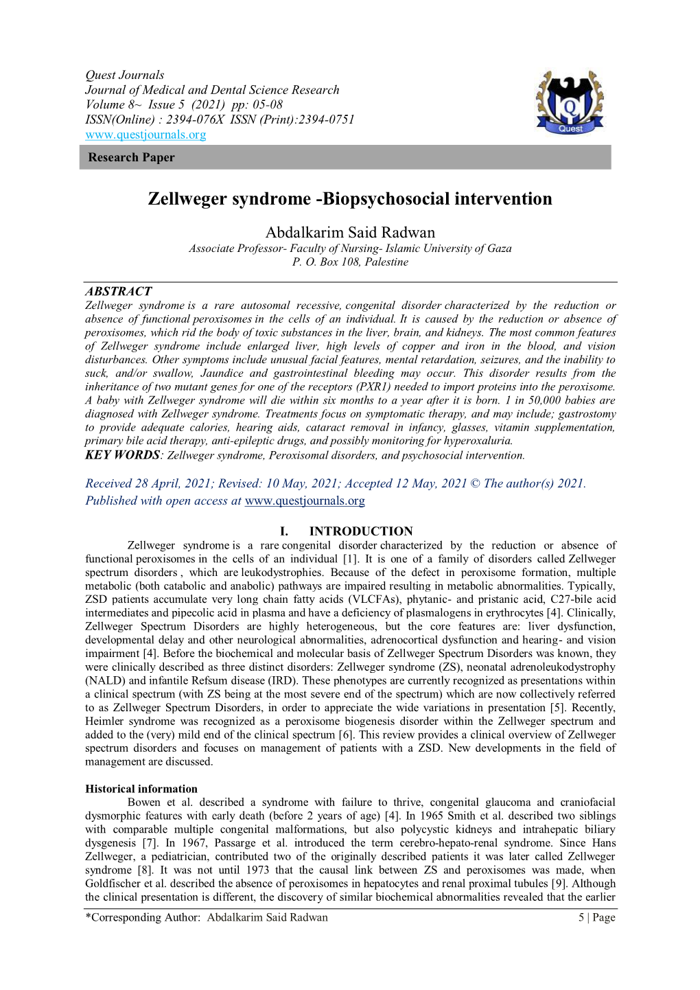 Zellweger Syndrome -Biopsychosocial Intervention