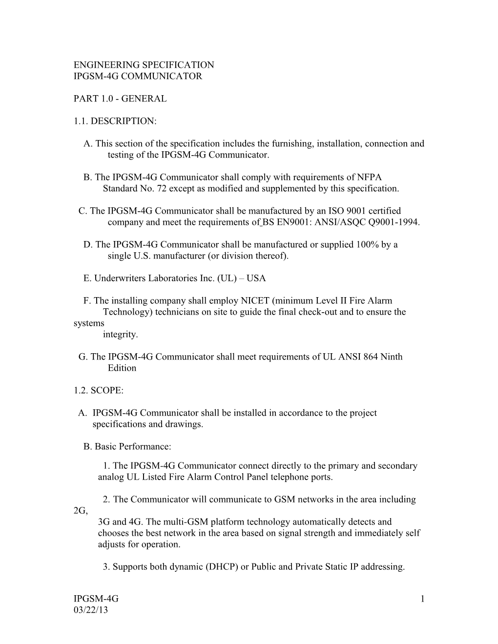 IPGSM-4G Engineering Specifications