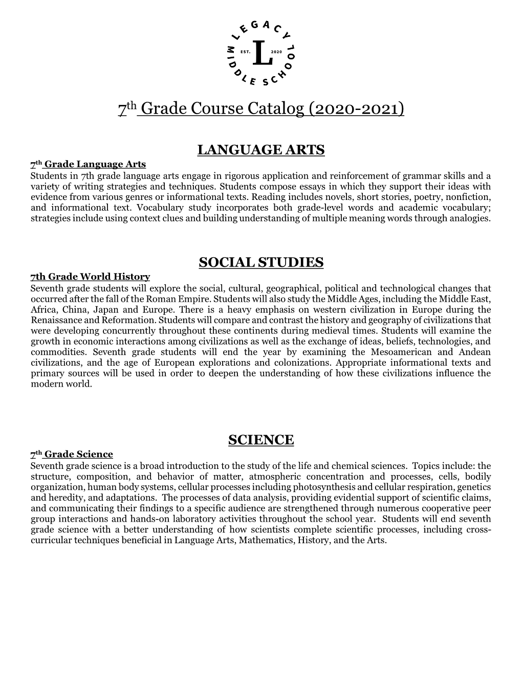 7Th Grade Course Catalog (2020-2021)