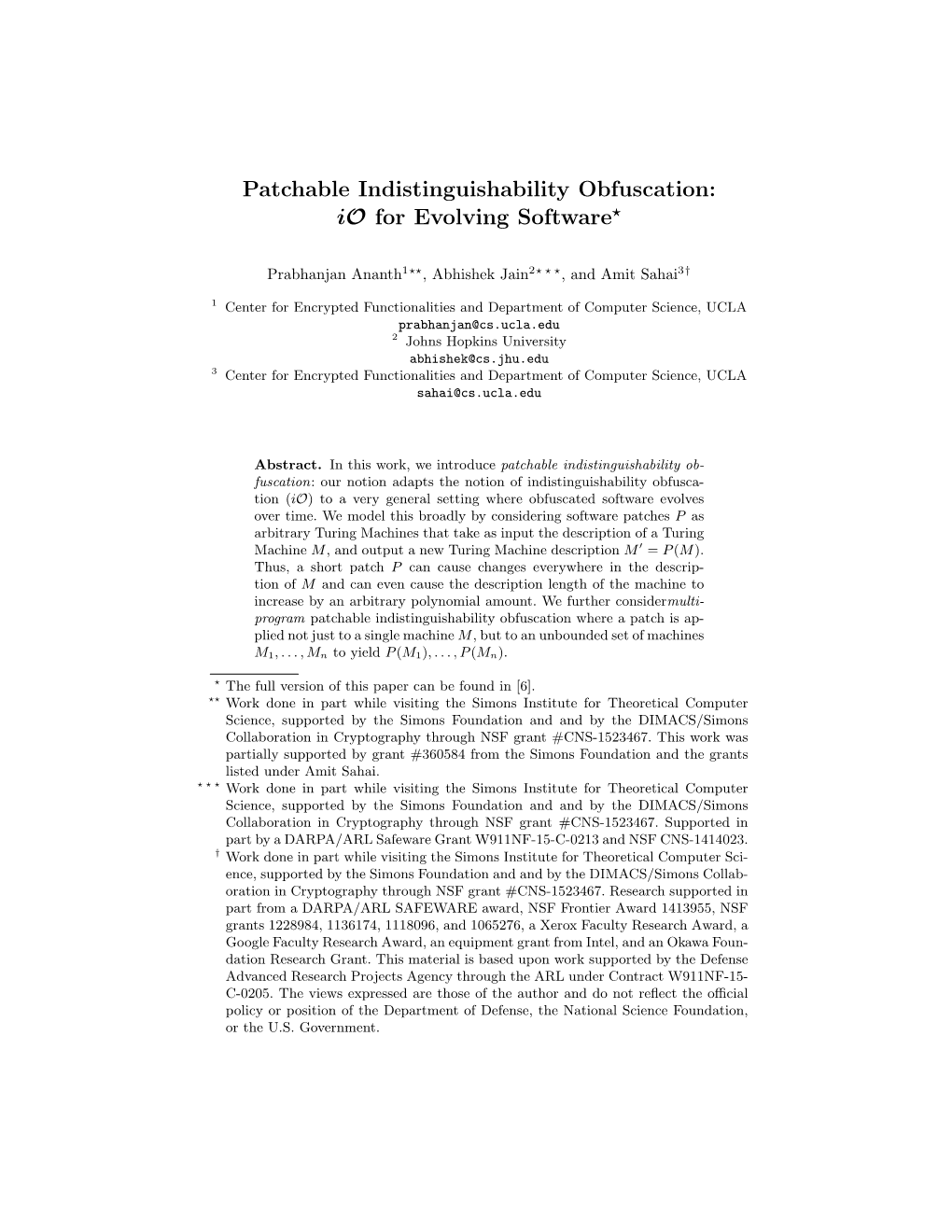 Patchable Indistinguishability Obfuscation: Io for Evolving Software?